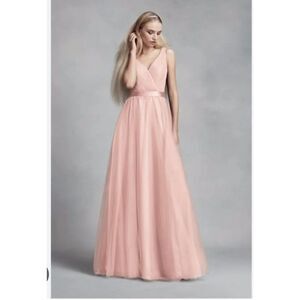 White by Vera Wang Blush A-Line Tulle Skirt Surplice Sleeveless Bridesmaid Dress